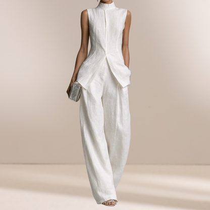 Dylan | Witte Linnen-Katoen Mouwloze Top & Wijde Pantalon Set