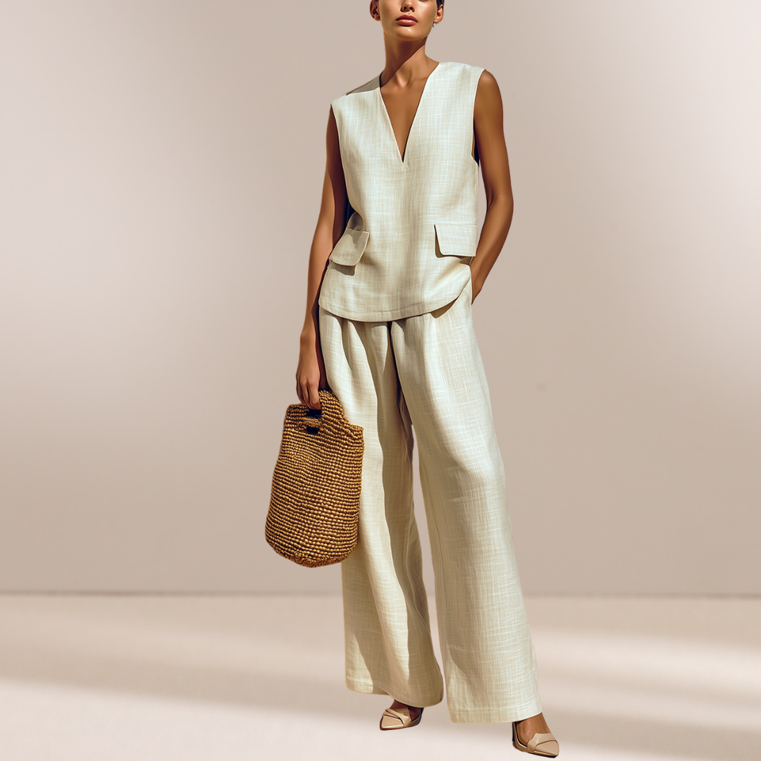 Tyler | Beige V-hals Mouwloos Los Vest En Wijde Broek Twee-delige Set