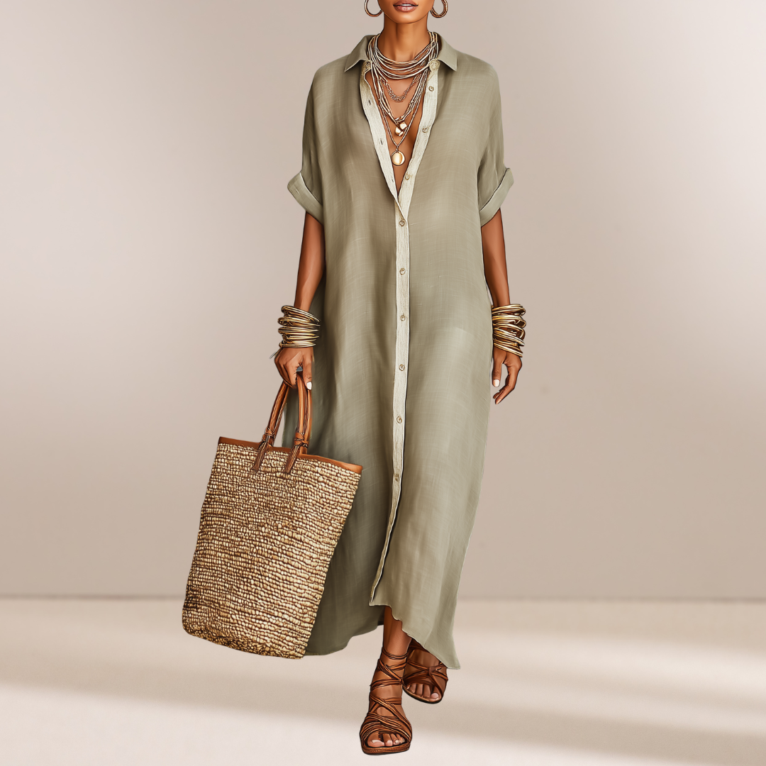 Louise | Linnenmix Korte Mouwen Shirt Maxi Jurk