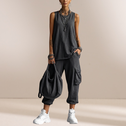 Nora | Casual Style Donkergrijze Katoenmengsel Mouwloze Top + Jogger Cargo Broek Set
