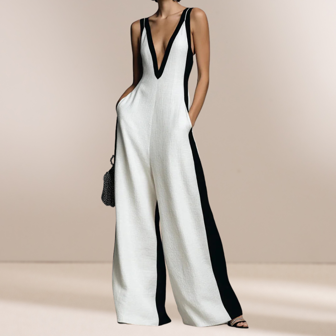Emma | Zwart & Wit Contrast Stripe Mouwloze Jumpsuit