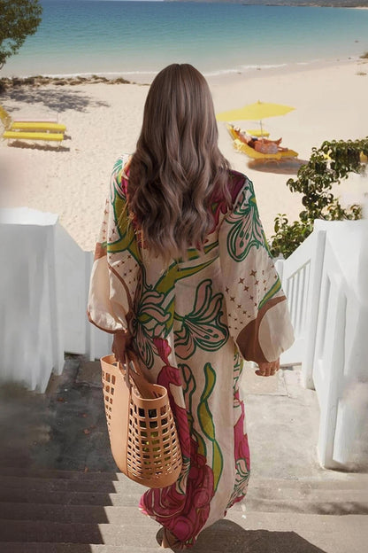 Elegante Linnenmix Unieke Print Ballonmouw Strik Tuniek Maxi Jurk