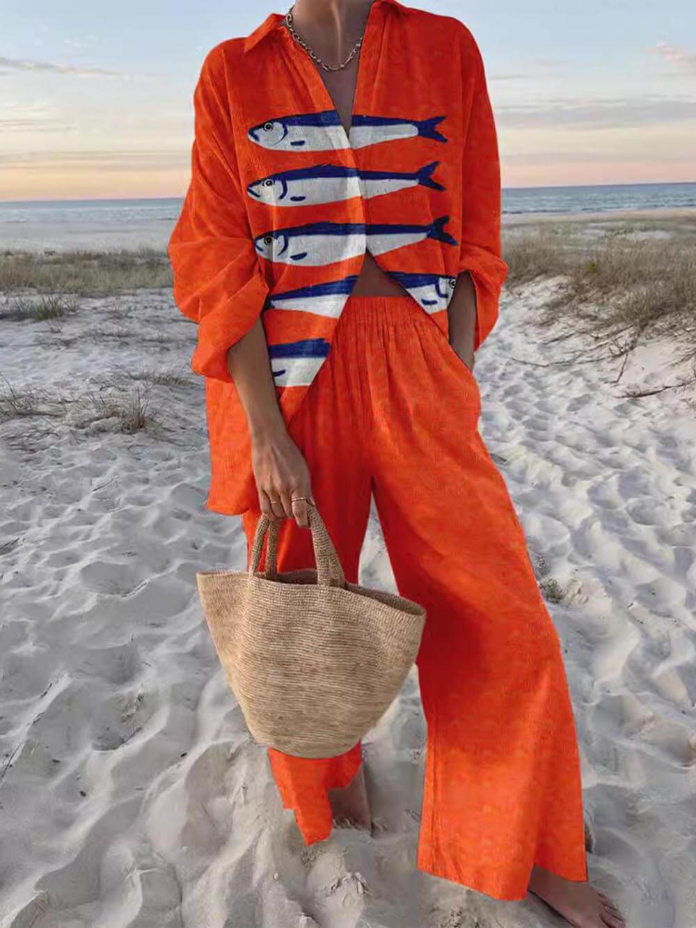 Unieke Casual Print Losse Oversized Shirt en Brede Pantalon Set