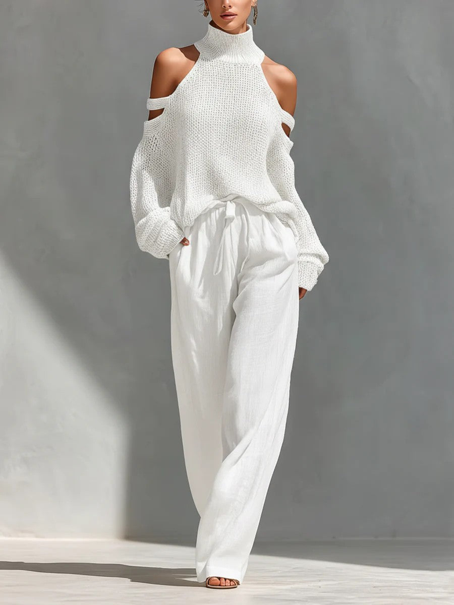 Casual Top met Open Schouders en Brede Broek Twee-delige Set