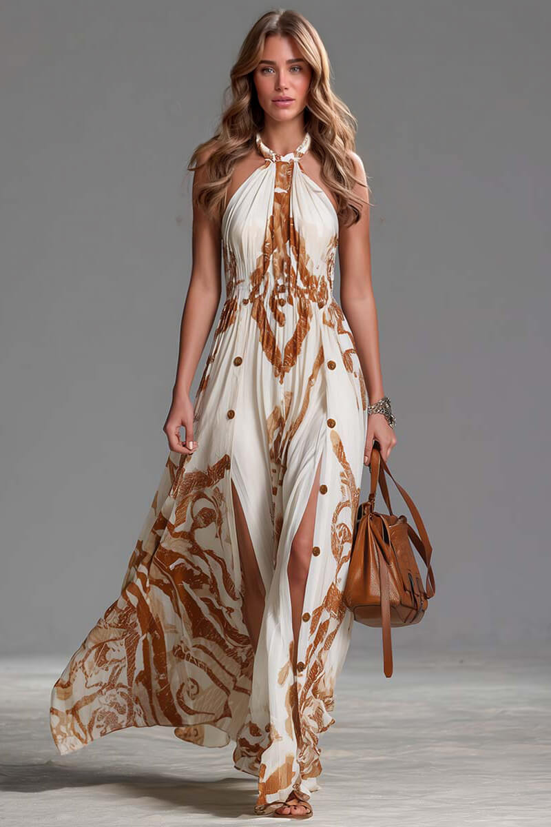 Retro Bohemian Stijl Rugloze Gedrukte Chiffon Split Maxi Jurk