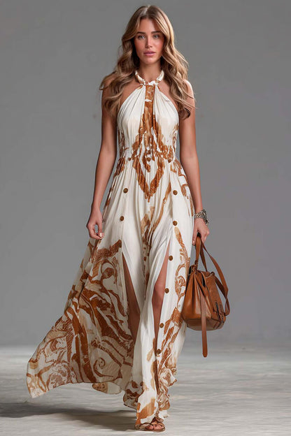 Retro Bohemian Stijl Rugloze Gedrukte Chiffon Split Maxi Jurk