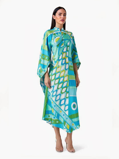 Elegante Knop-Up Staande Kraag Gedrukt Los Flared Asymmetrische Midi Jurk