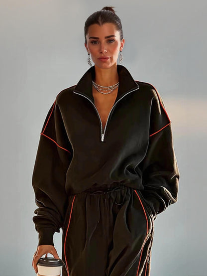 Minimalistische Rood Afgebiesde Rits Kraag Lange Mouw Sweatshirt en Joggingbroek Set