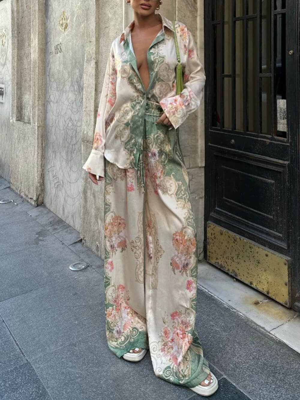 Unieke Bloemen Losse Gedrukte Rekbare Taille Wijde Pantalon
