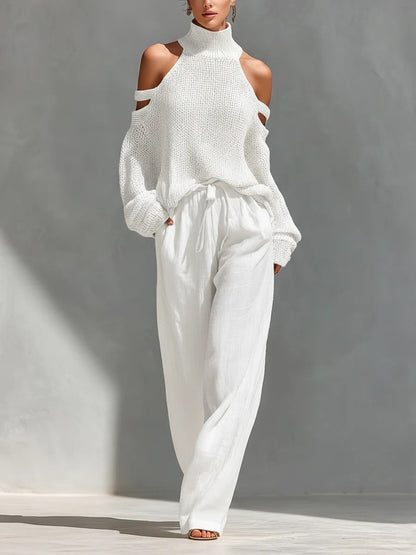 Casual Top met Open Schouders en Brede Pijpen Twee-delige Set