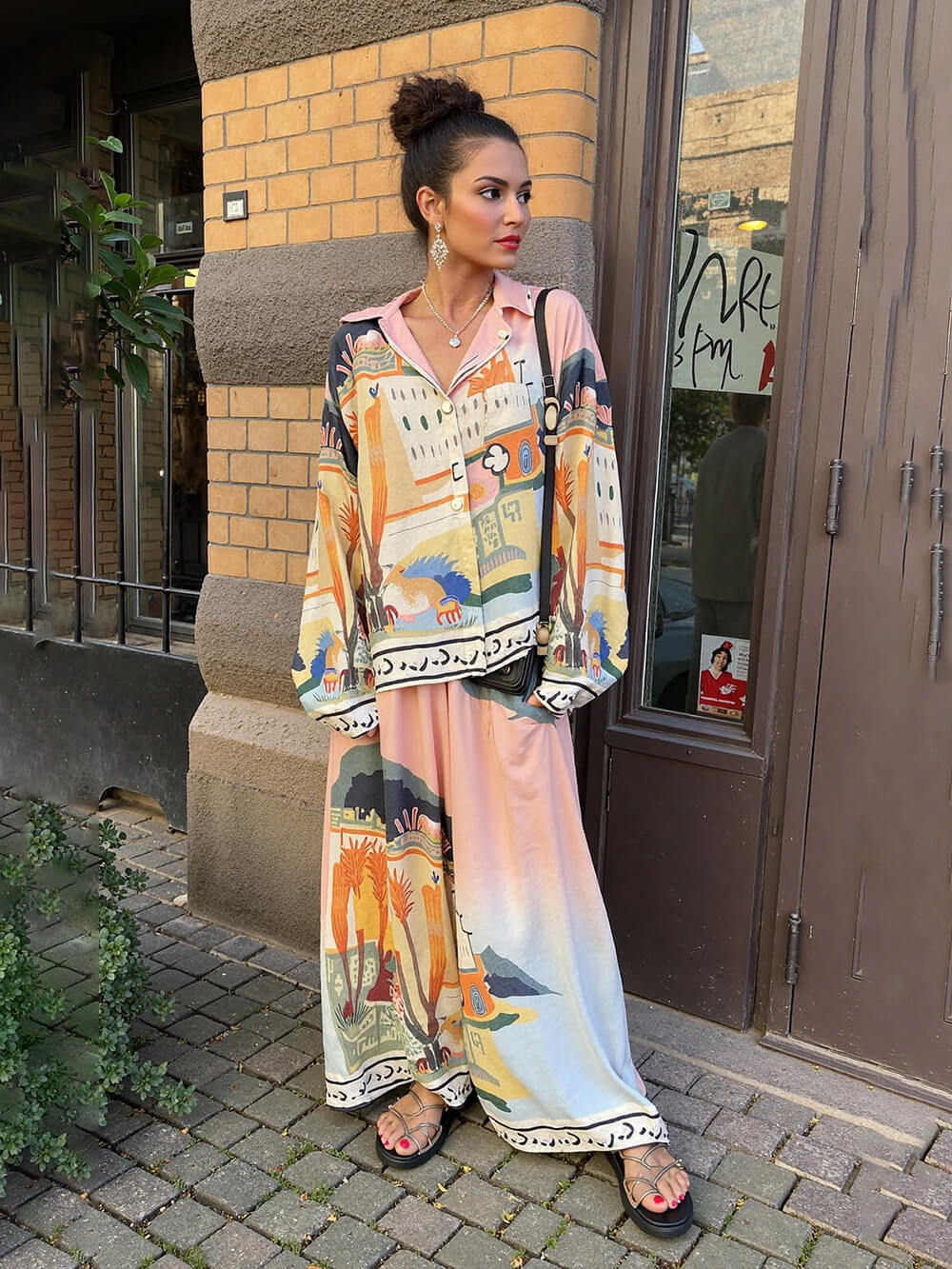 Unieke Satijnen Landschap Print Losse Oversized Shirt