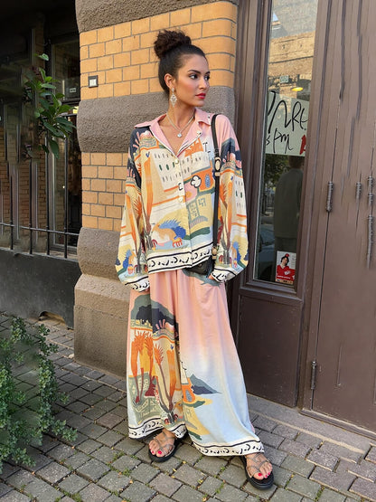Unieke Satijnen Landschap Print Losse Oversized Shirt