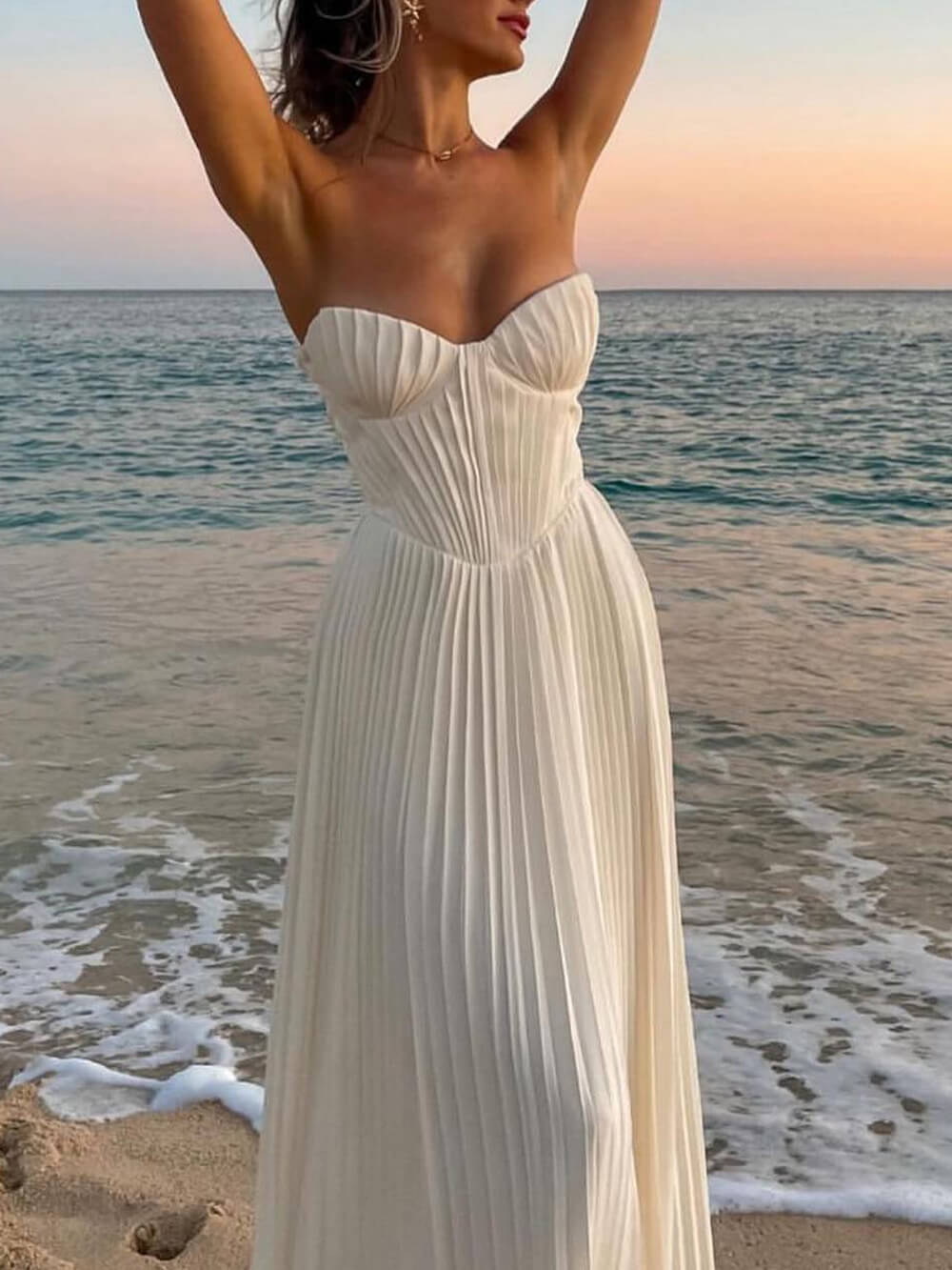 Elegante Plissé Strapless Maxi Jurk