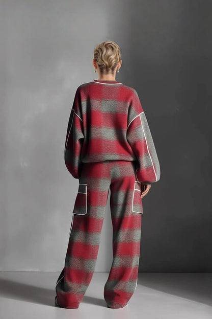 Mode Straatstijl Rood En Grijs Geruit Kleurblok Los Top En Brede Pantalon Set