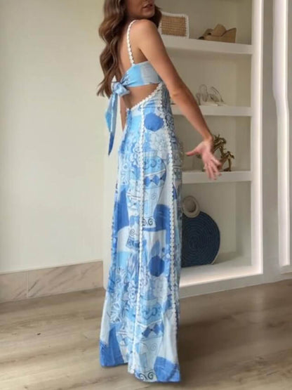 Unieke Kant Patchwork Gedrukte Achter Tie Halter Flare Maxi Jurken