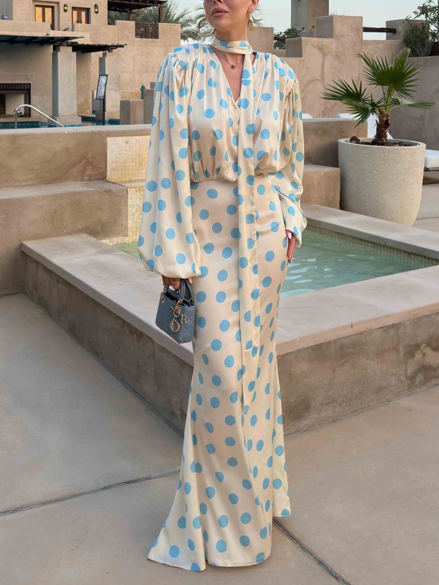Elegante Polka Dot Blouse & Maxi Rok Twee-Stuk Set