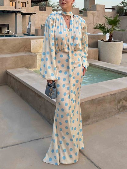 Elegante Polka Dot Blouse & Maxi Rok Twee-Stuk Set