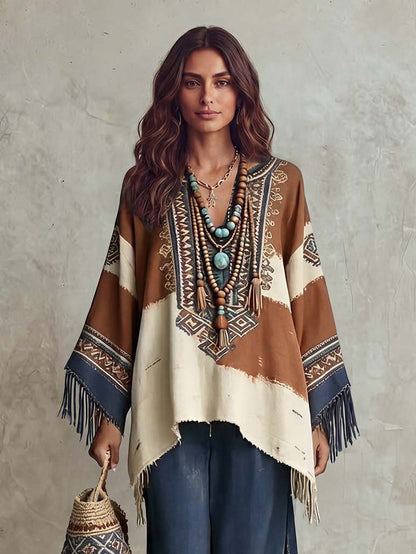 Retro Bohemian Etnische Print Tassel Sjaal Top Twee-Piece Set