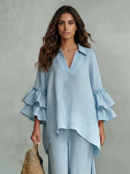 Casual Ruffle Mouw V-Hals Top & Hoge Taille Wijde Pantalon Set