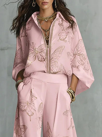 Elegante Vlinderprint Rits Top & Wijde Pantalon Set