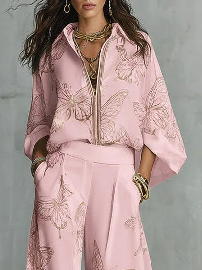 Elegante Vlinderprint Rits Top & Wijde Pantalon Set