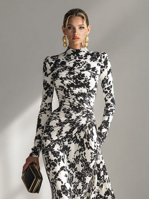 Casual Abstract Print Hoge Hals Plissé Zeemeermin Maxi Jurk