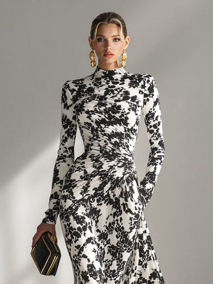 Casual Abstract Print Hoge Hals Plissé Zeemeermin Maxi Jurk