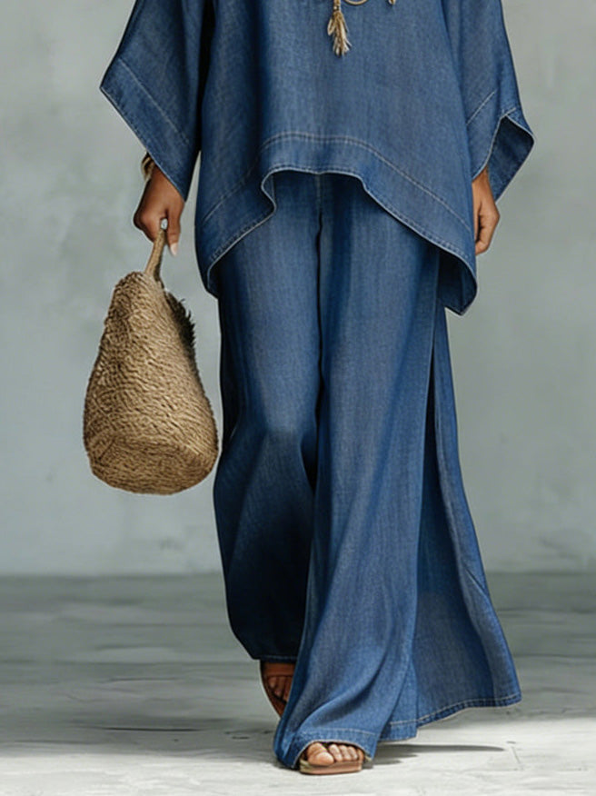 Casual Denim Batwing Asymmetrische Top & Brede Pantalon Set