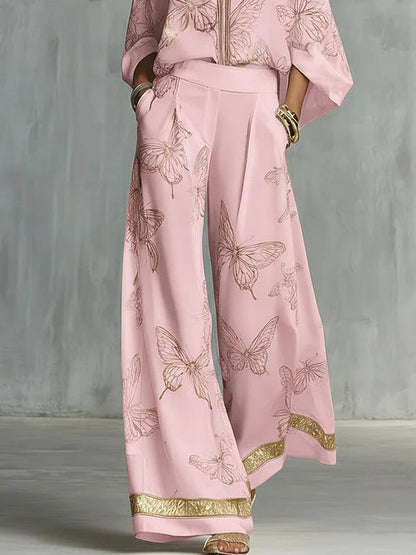 Elegante Vlinderprint Rits Top & Wijde Pantalon Set