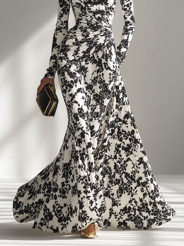 Casual Abstract Print Hoge Hals Plissé Zeemeermin Maxi Jurk