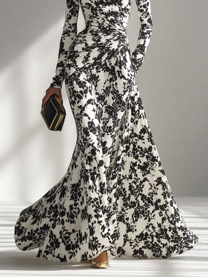 Casual Abstract Print Hoge Hals Plissé Zeemeermin Maxi Jurk