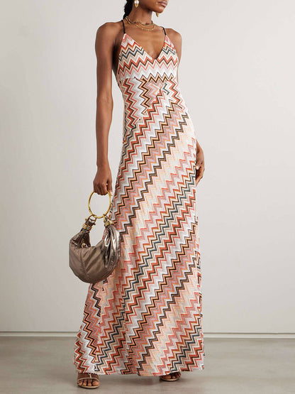 Elegante Gehaakte Gedrukte Maxi Jurk met Open Rug