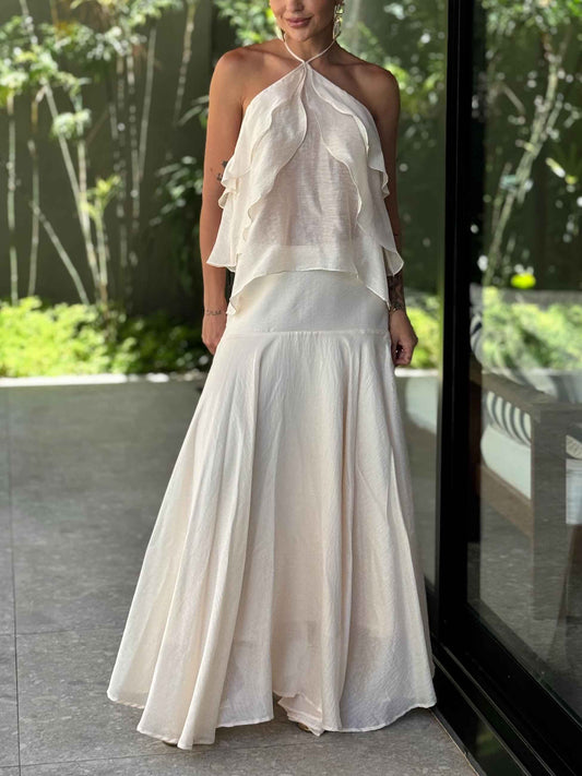 Elegante Halter Ruffle Top & Vloeiende Maxi Rok Twee-delige Set