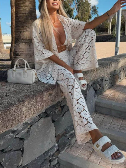 Klassieke Vakantie Haakbloemen Kant Korte Mouw Shirt en Elastische Taille Wijde Pantalon Set
