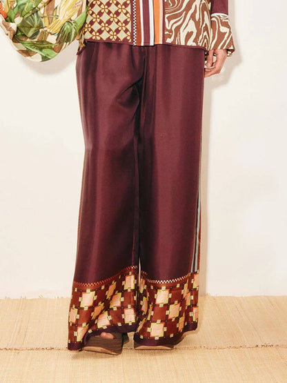 Unieke Paisley Kleur-Block Satijnen Shirt En Elastische Taille Wijde Broek Set
