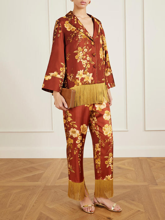 Exquise Franje Bloemenprint Satijnen Shirt en Elastische Taille Wijde Pantalon Set