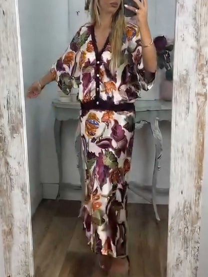 Retro Jungle Palm Leaf Satin Print Twee-delige Set