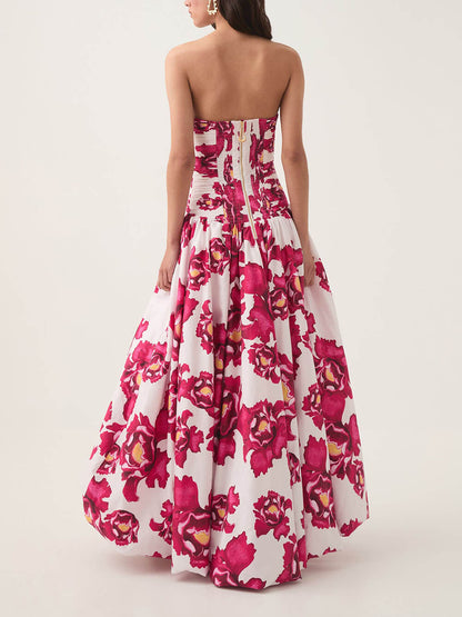Elegant Perfect Moment Bloem Off-Shoulder Gerimpelde Bodice Drapé Bubble Hem Maxi Jurk