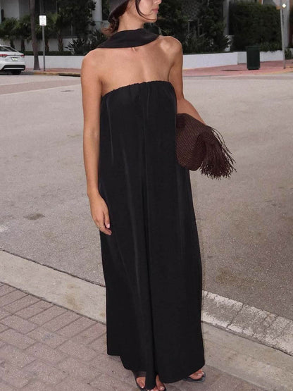 Delicate Satin Strapless Tie-Halter Maxi Jurk