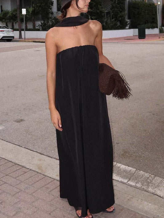 Delicate Satin Strapless Tie-Halter Maxi Jurk