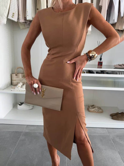 Elegante Charmante Dames Ronde Hals Mouwloze Taille Split Stretch Midi Jurk