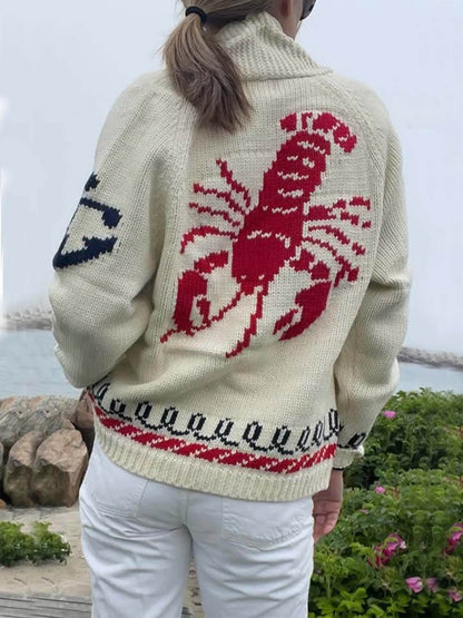 Unieke Mode Kreeftenprint Casual Lange Mouw Brei Cardigan