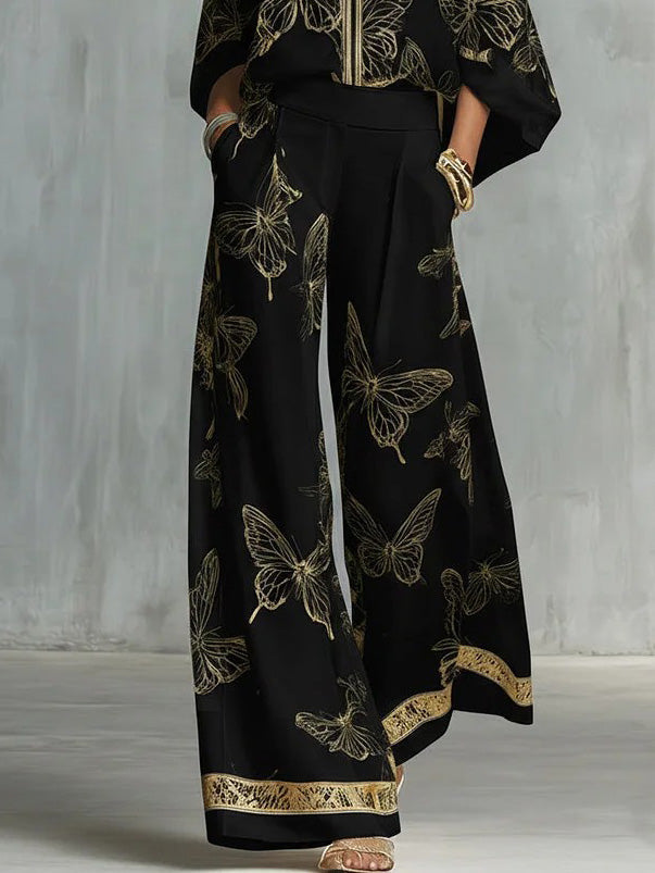 Elegante Vlinderprint Zip-Up Top & Wijde Pantalon Set