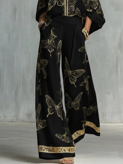 Elegante Vlinderprint Zip-Up Top & Wijde Pantalon Set