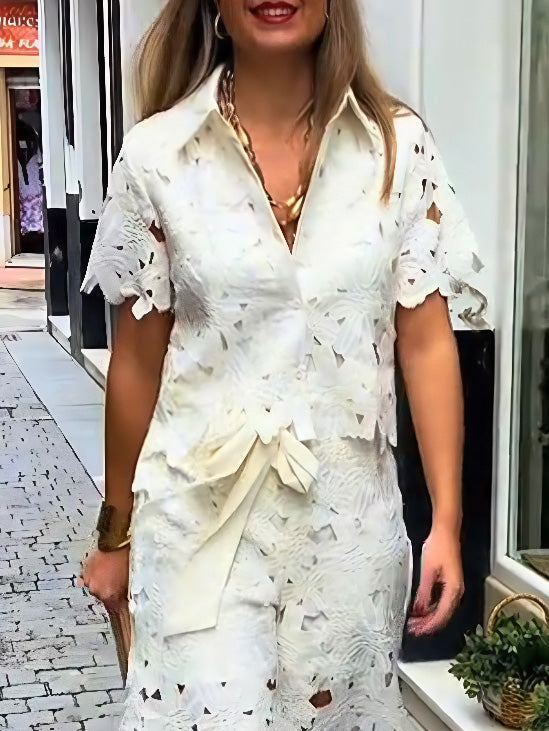 Casual Cutout Kanten Shirt & Wijde Pantalon Twee-Piece Set