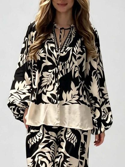 Bohemian Bladprint V-Hals Satijnen Shirt & Wijde Broek Set