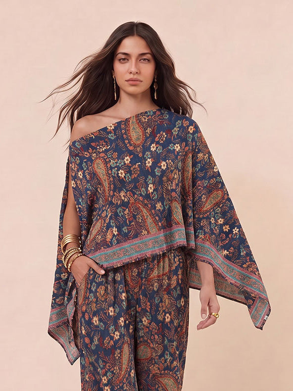 Bohemian Paisley Off-Shoulder Top & Wijde Broek Twee-Stuk Set