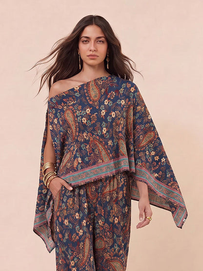 Bohemian Paisley Off-Shoulder Top & Wijde Broek Twee-Stuk Set