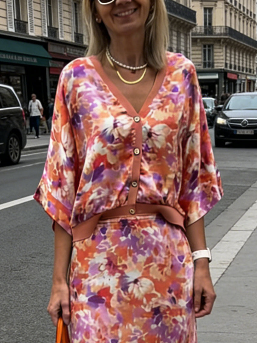 Exquise Bloemenprint Satijnen Twee-Piece Set