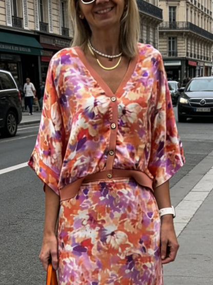Exquise Bloemenprint Satijnen Twee-Piece Set